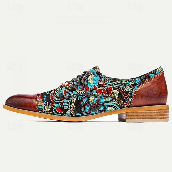 Men&#039;s Dress Shoes Red Brown Floral Embroidery  Leather Italian Full-Grain Cowhide Oxfords Slip Resistant Lace-up