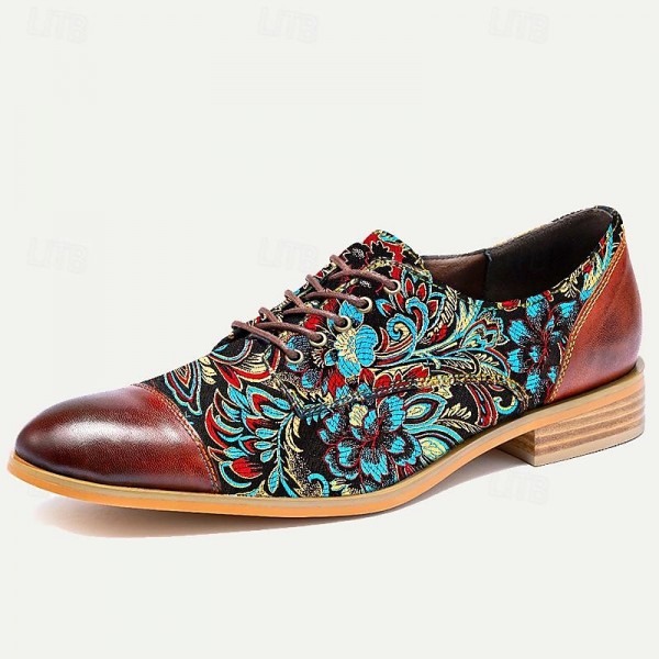 Men&#039;s Dress Shoes Red Brown Floral Embroidery  Leather Italian Full-Grain Cowhide Oxfords Slip Resistant Lace-up