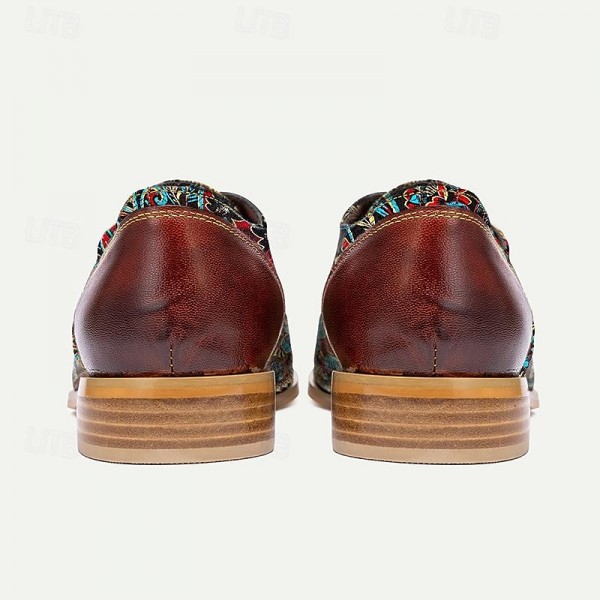 Men&#039;s Dress Shoes Red Brown Floral Embroidery  Leather Italian Full-Grain Cowhide Oxfords Slip Resistant Lace-up