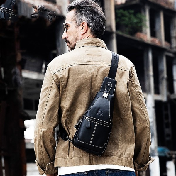 Men's Crossbody Bag Chest Bag Nappa Leather Outdoor Daily Zipper Solid Color Black Men's Crossbody Bag Chest Bag Nappa Leather Outdoor Daily Zipper Solid Color Black