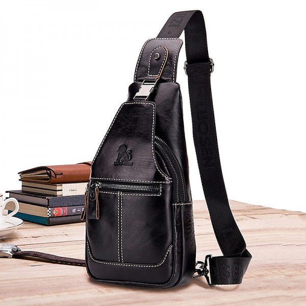 Men's Crossbody Bag Chest Bag Nappa Leather Outdoor Daily Zipper Solid Color Black Men's Crossbody Bag Chest Bag Nappa Leather Outdoor Daily Zipper Solid Color Black