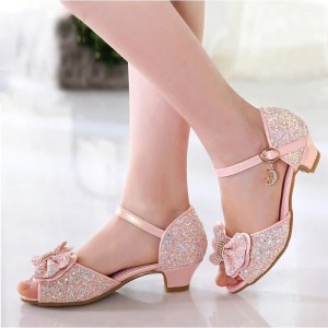 Girls&#039; Sandals Daily Glitters Dress Shoes Heel Rubber PU Dress Shoes Big Kids(7years +) Little Kids(4-7ys) School Wedding Party Dance Walking Shoes Dancing Rhinestone Bowknot Sparkling Glitter White
