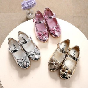 Girls&#039; Flats Daily Glitters Dress Shoes Heel Patent Leather Cosplay Big Kids(7years +) Little Kids(4-7ys) School Wedding Party Walking Shoes Dancing Bowknot Sequin Sequins Silver Pink Gold Fall
