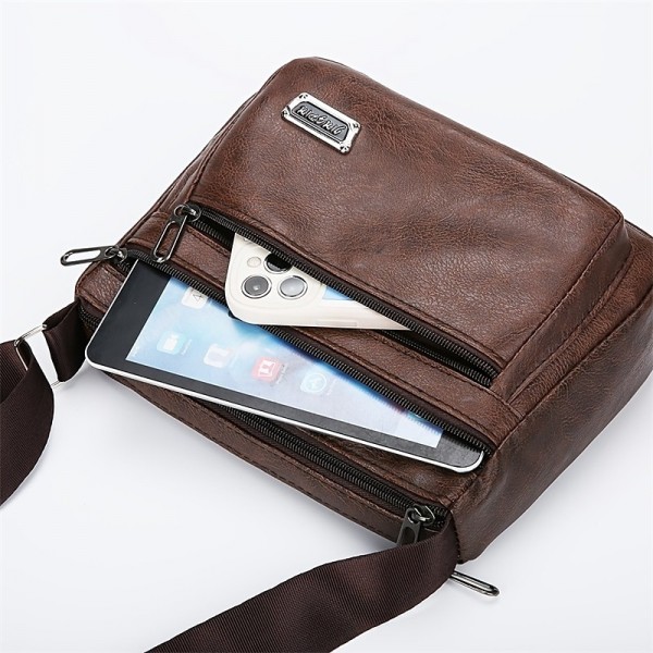 Men&#039;s Crossbody Bag Shoulder Bag Messenger Bag PU Leather Daily Holiday Zipper Adjustable Large Capacity Waterproof Solid Color Black Brown khaki
