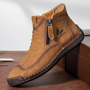 Men&#039;s Boots Casual Shoes Plus Size Handmade Shoes Comfort Shoes Walking Classic Casual Outdoor Daily Leather Breathable Comfortable Slip Resistant Zipper Yellow brown Black Green Fall Winter