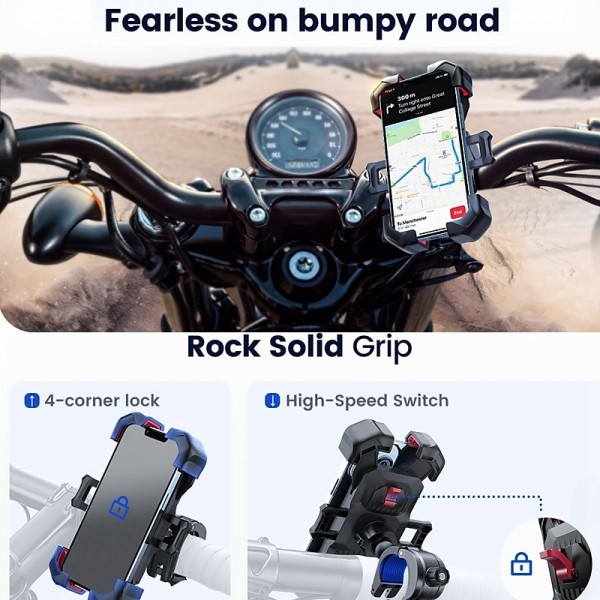 Joyroom Motorcycle Phone Mount, [1s Auto Lock][100mph Military Anti-Shake] Bike Phone Holder for Bicycle, [10s Quick Install] Handlebar Phone Mount, Compatible with iPhone, Samsung, All Cell Phone