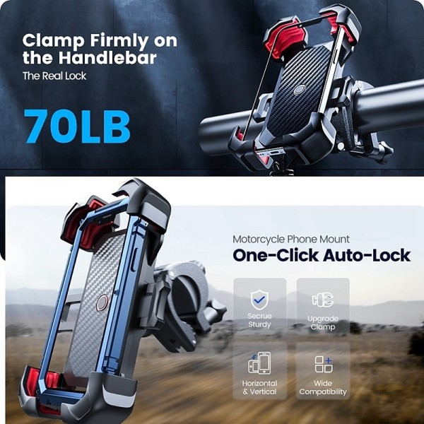 Joyroom Motorcycle Phone Mount, [1s Auto Lock][100mph Military Anti-Shake] Bike Phone Holder for Bicycle, [10s Quick Install] Handlebar Phone Mount, Compatible with iPhone, Samsung, All Cell Phone