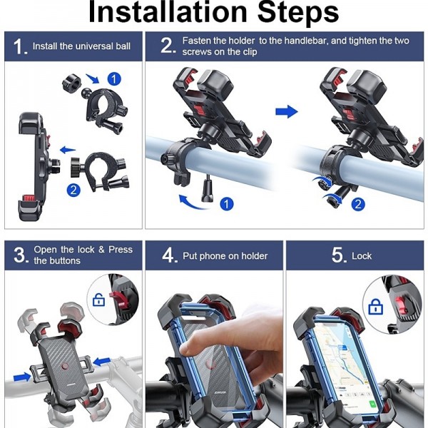 Joyroom Motorcycle Phone Mount, [1s Auto Lock][100mph Military Anti-Shake] Bike Phone Holder for Bicycle, [10s Quick Install] Handlebar Phone Mount, Compatible with iPhone, Samsung, All Cell Phone