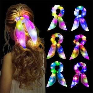5PCS Light Up Hair Bows Scrunchies LED Luminous Rabbit Bunny Ear Scrunchie Ponytail Holders Glow In The Dark Neon Party Supplies
