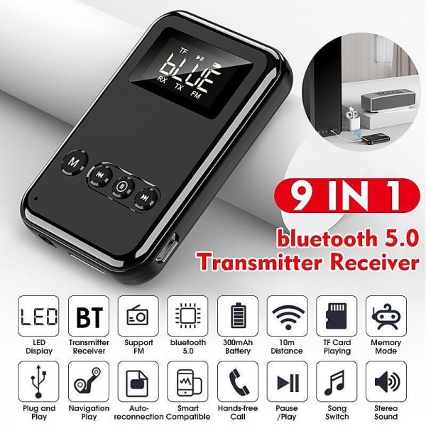 9 IN 1 bluetooth 5.0 Audio Transmitter Receiver Stereo Music Wireless Adapter 3.5mm AUX Jack FM Transmitter for Car TV MP3 PC 9 IN 1 bluetooth 5.0 Audio Transmitter Receiver Stereo Music Wireless Adapter 3.5mm AUX Jack FM Transmitter for Car TV MP3 PC