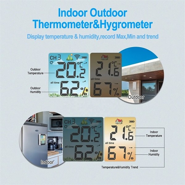 Indoor Outdoor Thermometer Wireless Digital Hygrometer Thermostat Temperature & Humidity Monitor with Touchscreen LCD Backlight Indoor Outdoor Thermometer Wireless Digital Hygrometer Thermostat Temperature & Humidity Monitor with Touchscreen LCD Backlight