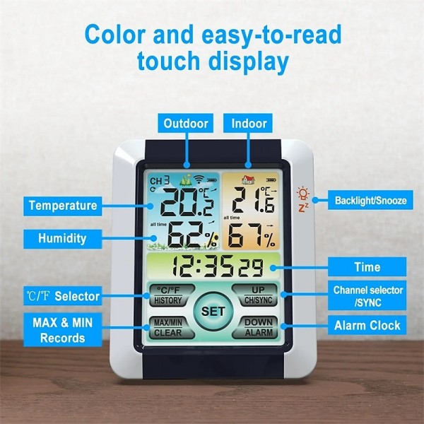 Indoor Outdoor Thermometer Wireless Digital Hygrometer Thermostat Temperature & Humidity Monitor with Touchscreen LCD Backlight Indoor Outdoor Thermometer Wireless Digital Hygrometer Thermostat Temperature & Humidity Monitor with Touchscreen LCD Backlight