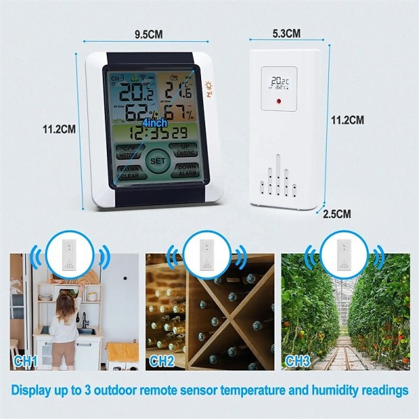 Indoor Outdoor Thermometer Wireless Digital Hygrometer Thermostat Temperature & Humidity Monitor with Touchscreen LCD Backlight Indoor Outdoor Thermometer Wireless Digital Hygrometer Thermostat Temperature & Humidity Monitor with Touchscreen LCD Backlight